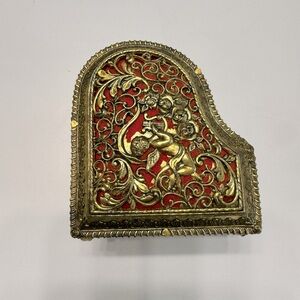 Vintage Laurel Trinket Piano Music Box Jewelry Gold Tone Filigree Cherub Japan